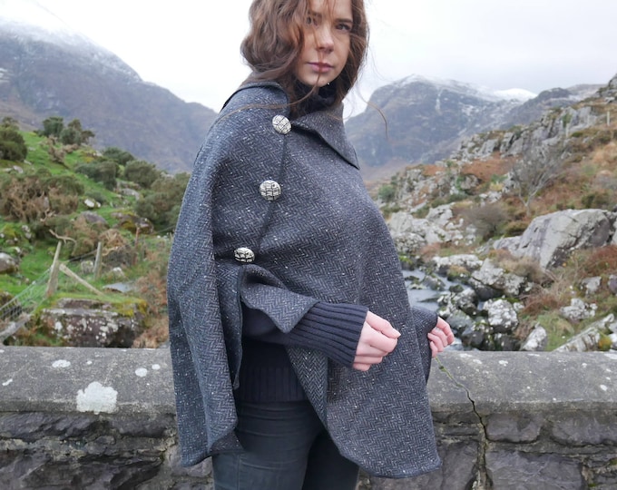 Irish Donegal Tweed Buttoned Cape , Poncho & Shawl - Speckled/Fleck Herringbone - Charcoal/Grey - 100% Pure New Wool  - HANDMADE IN IRELAND