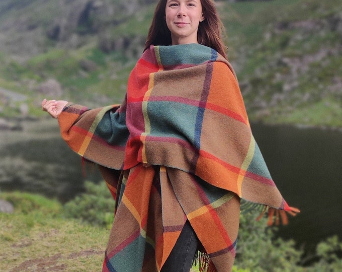 Irish Pure Lambswool Cape, Ruana, Wrap , Shawl - 100% Pure New Wool - multicolour block check - supersoft  - HANDMADE IN IRELAND