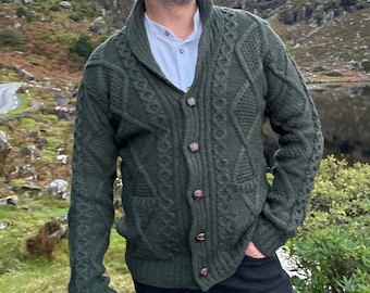 Mens Aran Buttoned V-Neck Cardigan -  Irish Cardigan - 100% Merino Wool - Soft Wool - Loden/Moss Green - Shawl Collar - HANDMADE IN IRELAND