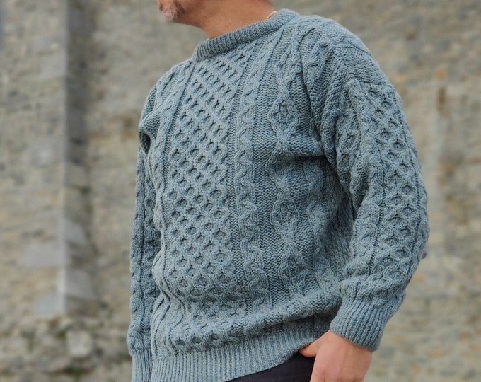 Traditional Aran Sweater - 100% pure new wool - duck egg - chunky&heavy - MADE IN IRELAND - ready for shipping