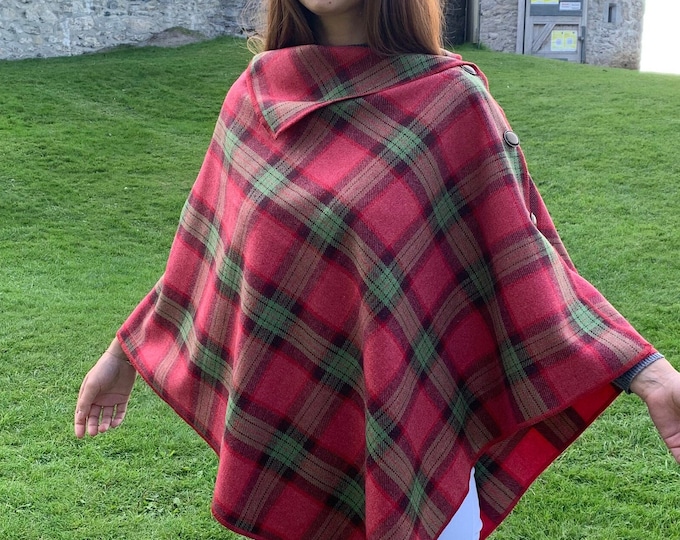 Irish Soft Lambswool Poncho, Cape, Shawl & Skirt in One Piece! - Pink/Green Tartan - Plaid Check - 100% Pure New Wool - HANDMADE IN IRELAND