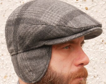 Traditional Irish tweed flat cap -grey/charcoal tartan/plaid check -with foldable/optional ear flaps -100% wool -padded -HANDMADE IN IRELAND