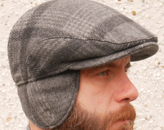 Traditional Irish tweed flat cap -grey/charcoal tartan/plaid check -with foldable/optional ear flaps -100% wool -padded -HANDMADE IN IRELAND