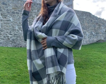 Extra Fine Merino Wool Shawl,Oversized Scarf,Stole, Wrap -White/Grey Buffalo Check- 100% Pure New Supersoft Merino Wool -HANDMADE IN IRELAND