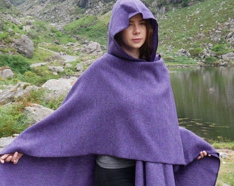 Irish Donegal Tweed Wool Hooded Cape, Ruana, Cloak, Robe, Wrap, Arisaid - Purple Herringbone -  Heavy Tweed - HANDMADE IN IRELAND