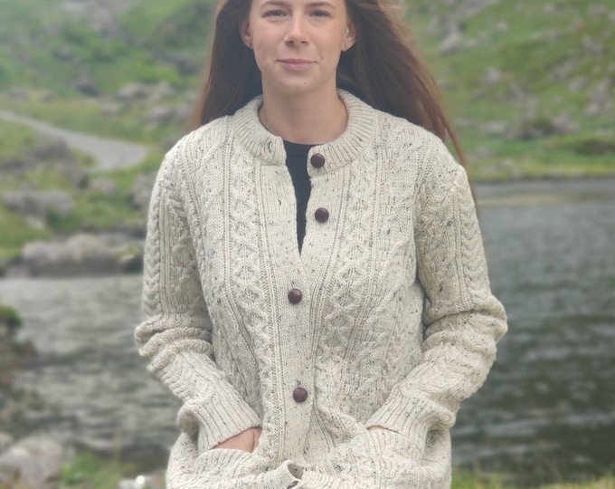 Irish Aran Wool Cardigan Lumber Jacket - Cream Nep / With Fleck - buttoned cardigan - 100% Pure New Wool -Warm & Chunky- HANDMADE IN IRELAND