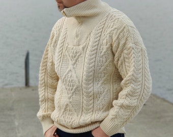 Organic Irish Wool Aran Half Zip Sweater - Cream - Undyed - 100% Pure New Wool - Chunky & Heavy -  Proper Aran Sweater - MADE IN IRELAND