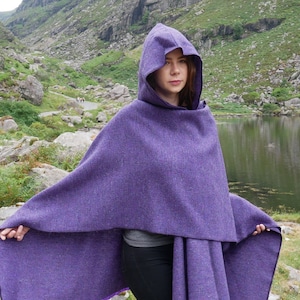 Irish Donegal Tweed Wool Hooded Cape, Ruana, Cloak, Robe, Wrap, Arisaid - Purple Herringbone -  Heavy Tweed - HANDMADE IN IRELAND