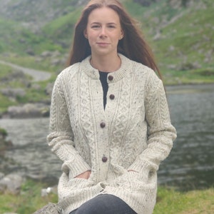 Irish Aran Wool Cardigan Lumber Jacket - Cream Nep / With Fleck - buttoned cardigan - 100% Pure New Wool -Warm & Chunky- HANDMADE IN IRELAND