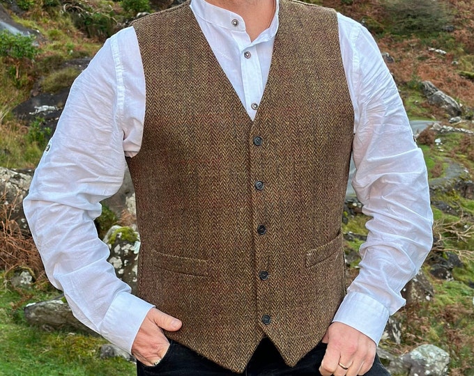 Irish Tweed Waistcoat - Peaky Blinders Style Vest - Bronze / Brown Herringbone with Check - 100% Pure New Wool - Lined - HANDMADE IN IRELAND