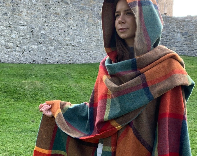 Hooded Irish Pure Lambswool Cape, Ruana, Wrap , Shawl - 100% Pure New Wool - Orange/Green/Yellow/Wine Check - Supersoft -HANDMADE IN IRELAND