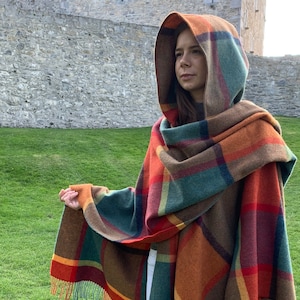 Hooded Irish Pure Lambswool Cape, Ruana, Wrap , Shawl - 100% Pure New Wool - Orange/Green/Yellow/Wine Check - Supersoft -HANDMADE IN IRELAND