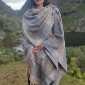 Irish Pure Lambswool Cape, Ruana, Wrap , Shawl - 100% Pure New Wool - Beige/Blue Check - Supersoft - One Size Fits All - HANDMADE IN IRELAND