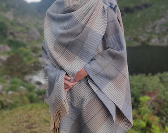 Irish Pure Lambswool Cape, Ruana, Wrap , Shawl - 100% Pure New Wool - Beige/Blue Check - Supersoft - One Size Fits All - HANDMADE IN IRELAND