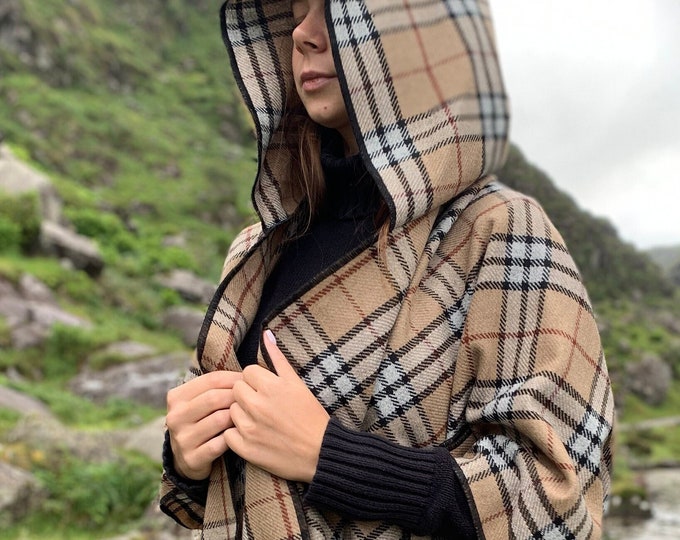 Hooded Irish Soft Lambswool Cape, Ruana, Wrap - 100% Pure New Wool - Camel Tartan / Plaid Check/ Thompson Check - HANDMADE IN IRELAND