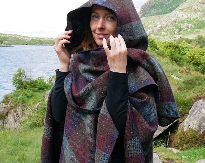 Irish Donegal Tweed Wool Hooded Ruana, Wrap, Cape, Cloak - Burgundy & Green Check  - Heavy Tweed - 100% Pure New Wool - HANDMADE IN IRELAND