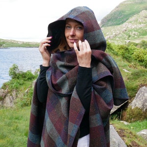 Irish Donegal Tweed Wool Hooded Ruana, Wrap, Cape, Cloak - Burgundy & Green Check  - Heavy Tweed - 100% Pure New Wool - HANDMADE IN IRELAND