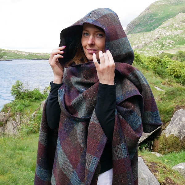 Irish Donegal Tweed Wool Hooded Ruana, Wrap, Cape, Cloak - Burgundy & Green Check  - Heavy Tweed - 100% Pure New Wool - HANDMADE IN IRELAND