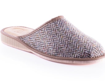 Womens Irish tweed & leather slippers - speckled pale/grey herringbone - HANDMADE IN IRELAND