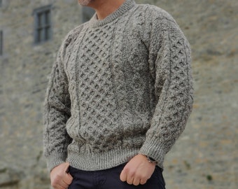 Traditional Aran Sweater - 100% pure new wool - oatmeal - chunky&heavy - MADE IN IRELAND