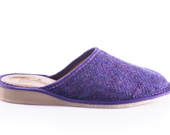 Womens Irish tweed & leather slippers  - purple herringbone - HANDMADE IN IRELAND