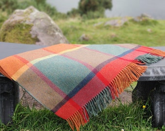 Supersoft Lambswool Blanket / Throw - Orange/Green/Yellow/Wine Check - 137x180 cm (54x71'') - 100% Pure New Lambswool - MADE IN IRELAND