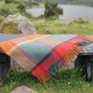 Supersoft Lambswool Blanket / Throw - Orange/Green/Yellow/Wine Check - 137x180 cm (54x71&#39;&#39;) - 100% Pure New Lambswool - MADE IN IRELAND