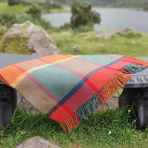 Supersoft Lambswool Blanket / Throw - Orange/Green/Yellow/Wine Check - 137x180 cm (54x71'') - 100% Pure New Lambswool - MADE IN IRELAND