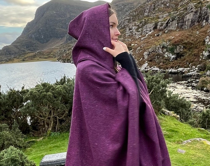Irish Donegal Tweed Hooded Ruana, Wrap, Cape, Cloak, Robe - Purple Wine Herringbone - 100% Pure New Wool - Speckled - HANDMADE IN IRELAND