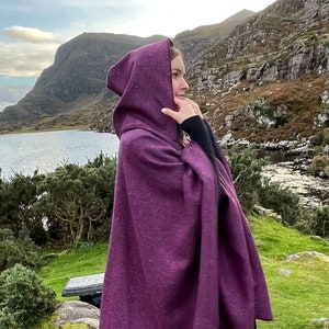 Irish Donegal Tweed Hooded Ruana, Wrap, Cape, Cloak, Robe - Purple Wine Herringbone - 100% Pure New Wool - Speckled - HANDMADE IN IRELAND