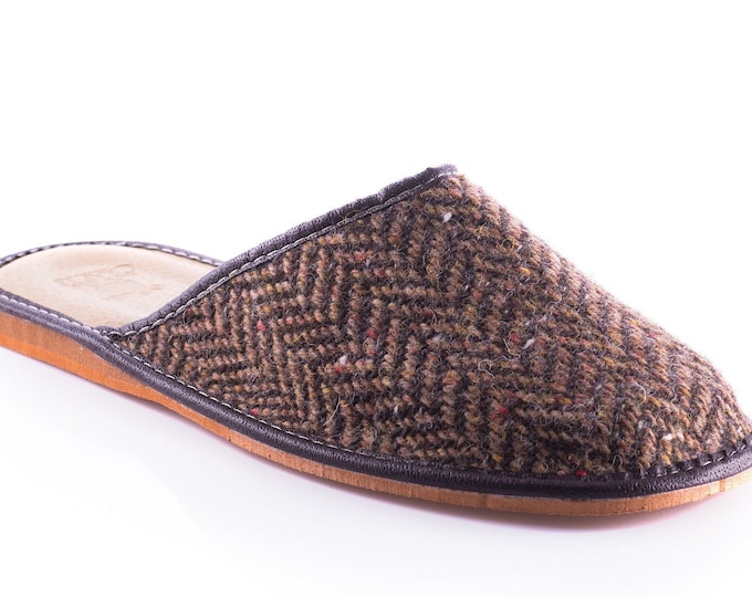 Irish Tweed & Genuine Leather Mens Slippers/House Shoes - With Durable Soles - Brown/Bronze Herringbone With Fleck  - MADE IN IRELAND