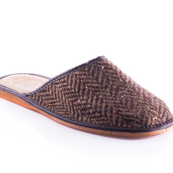 Irish Tweed & Genuine Leather Mens Slippers/House Shoes - With Durable Soles - Brown/Bronze Herringbone With Fleck  - MADE IN IRELAND