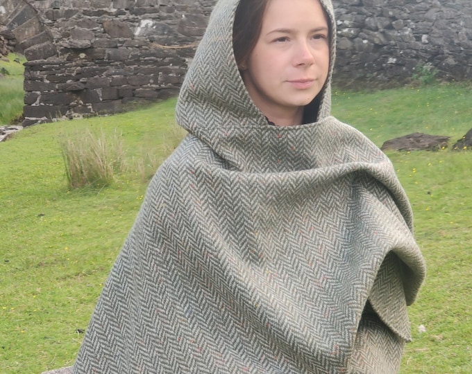 Irish Donegal Tweed Wool Hooded Cape Ruana Wrap Robe Cloak Arisaid -Speckled Fleck Green Grey Herringbone - HEAVY TWEED -Handmade in Ireland