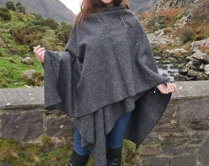 Charcoal Herringbone Donegal Tweed Ruana Cape, Unisex Wool Wrap, Handmade in Ireland, Optional Hood