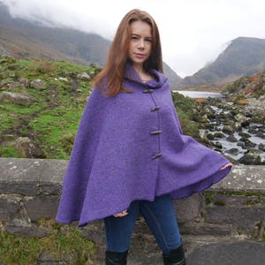 Versatile 3in1 - Irish Donegal Tweed wool poncho, cape & shawl - Purple Herringbone - 100% Pure New Wool - HANDMADE IN IRELAND