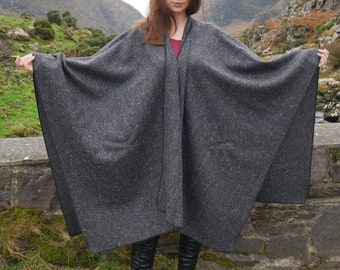Irish Donegal Tweed Wool Ruana, Cape, Wrap, Cloak - Charcoal/Grey - Fleck Herringbone - 100% Pure New Wool - Unisex -  HANDMADE IN IRELAND