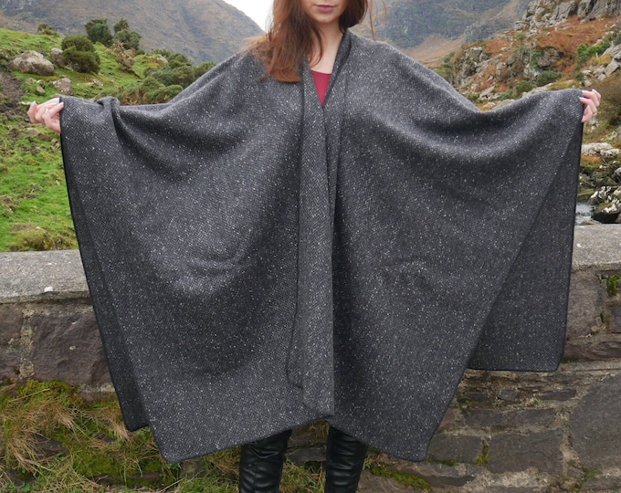Irish Donegal Tweed Wool Ruana, Cape, Wrap, Cloak - Charcoal/Grey - Fleck Herringbone - 100% Pure New Wool - Unisex -  HANDMADE IN IRELAND