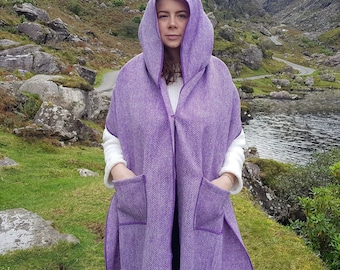 Purple Irish Tweed Hooded Shawl, Herringbone Wool Wrap, Optional Pockets, Handmade in Ireland