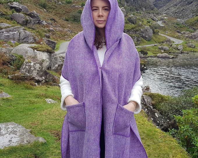 Purple Irish Tweed Hooded Shawl, Herringbone Wool Wrap, Optional Pockets, Handmade in Ireland