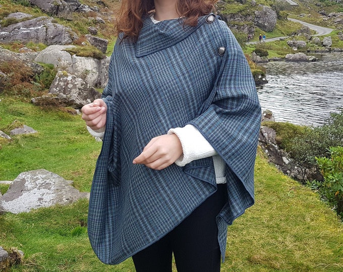 Irish soft lambswool poncho, cape, shawl in 1 piece! turquoise/grey/blue plaid check tartan -100% pure new wool - HANDMADE IN IRELAND