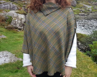 3in1 - Irish soft labswool poncho, cape and shawl in one piece - green/blue/yellow tartan , plaid, check - 100%  wool - HANDMADE IN IRELAND