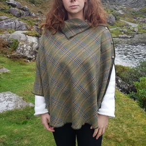 3in1 - Irish soft labswool poncho, cape and shawl in one piece - green/blue/yellow tartan , plaid, check - 100%  wool - HANDMADE IN IRELAND