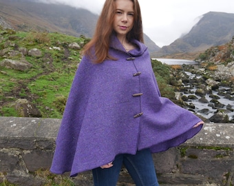 Versatile 3in1 - Irish Donegal Tweed wool poncho, cape & shawl - Purple Herringbone - 100% Pure New Wool - HANDMADE IN IRELAND