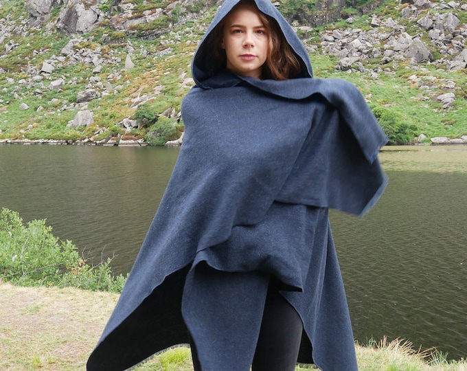 Irish Woven Wool Hooded Ruana, Cape, Rectangle Cloak, Wrap - 100% Pure New Wool - Plain Solid Dark Navy - Unisex - HANDMADE IN IRELAND