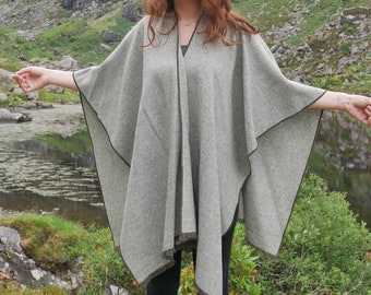 Irish Donegal tweed wool ruana, wrap , arisaid - grey/green herringbone - 100% Pure New Wool - lightweight tweed - HANDMADE IN IRELAND