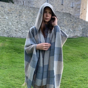 Hooded Supersoft Lambswool Cape, Ruana, Wrap , Shawl 100% Pure New Wool Cream Taupe Denim Check One Size Fits All HANDMADE IN IRELAND image 3