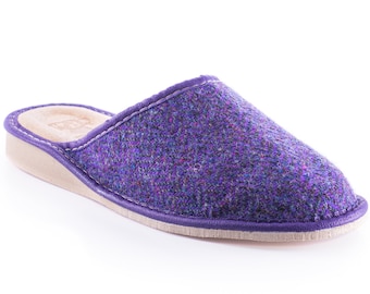 Womens Irish tweed & leather slippers  - purple herringbone - HANDMADE IN IRELAND