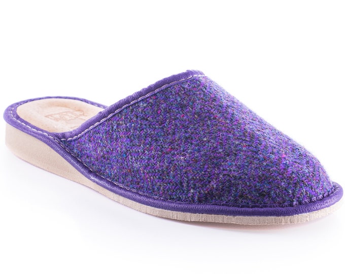 Womens Irish tweed & leather slippers  - purple herringbone - HANDMADE IN IRELAND