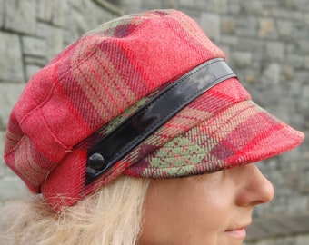 Ladies Tweed Newsboy Hat - pink red / green check / plaid / tartan - 100% Pure New Wool - HANDMADE IN IRELAND