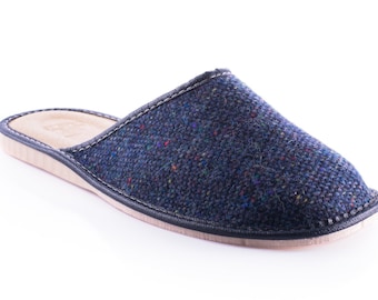 Gents Donegal Tweed Slippers - Navy Fleck - ready for shipping - MADE IN IRELAND